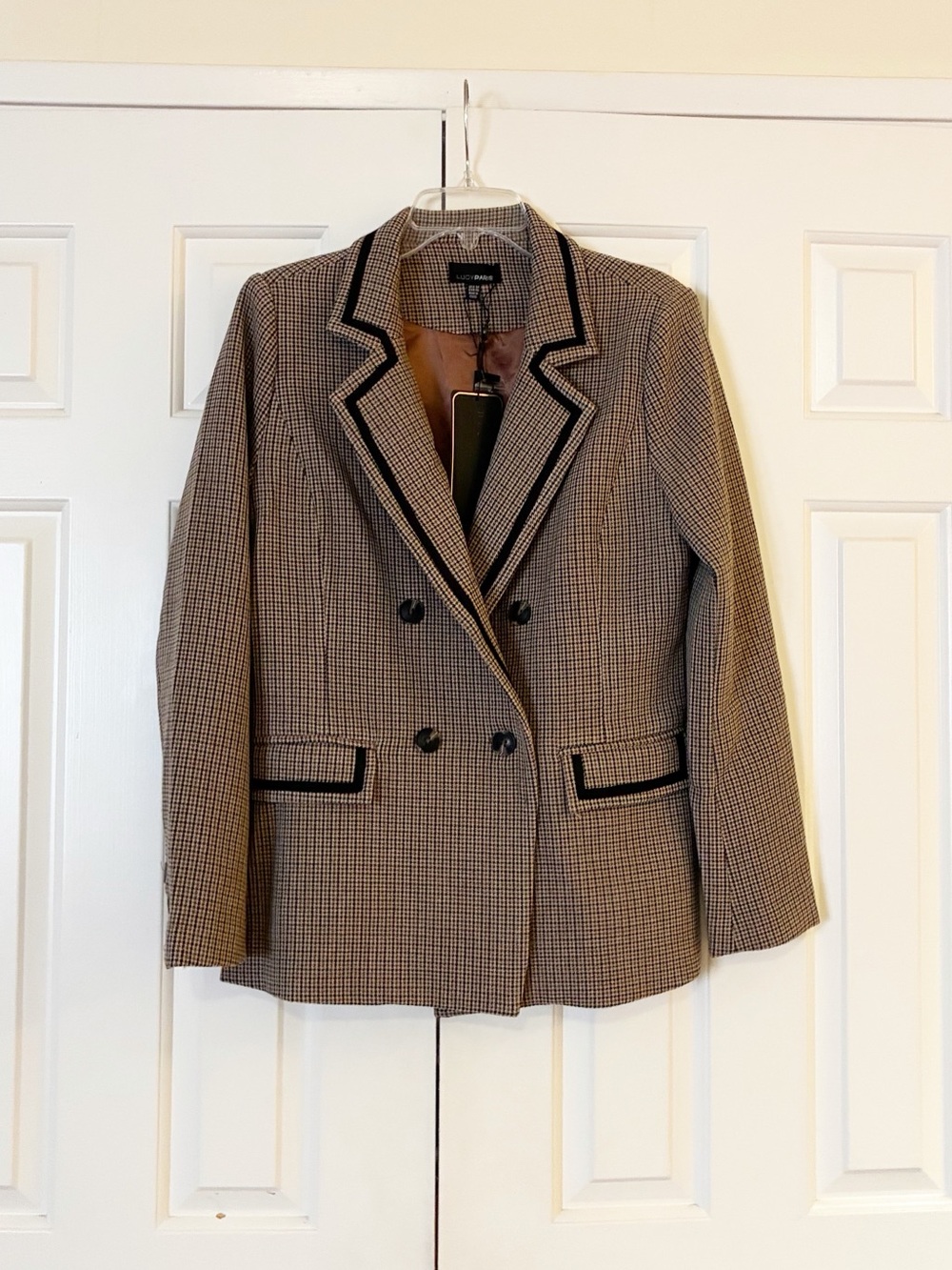 NWT Lucy Paris Brown Houndstooth Double-Breasted Blazer Black Trim | Medium